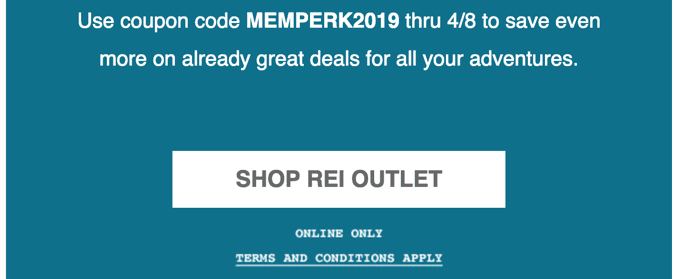 REI employs high contrast colors and a prominent CTA.