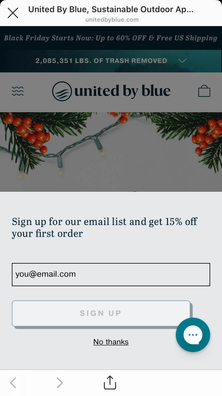 United by Blue's pop-up subscriber form