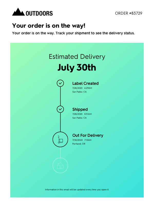 Outdoors package tracking email screenshot
