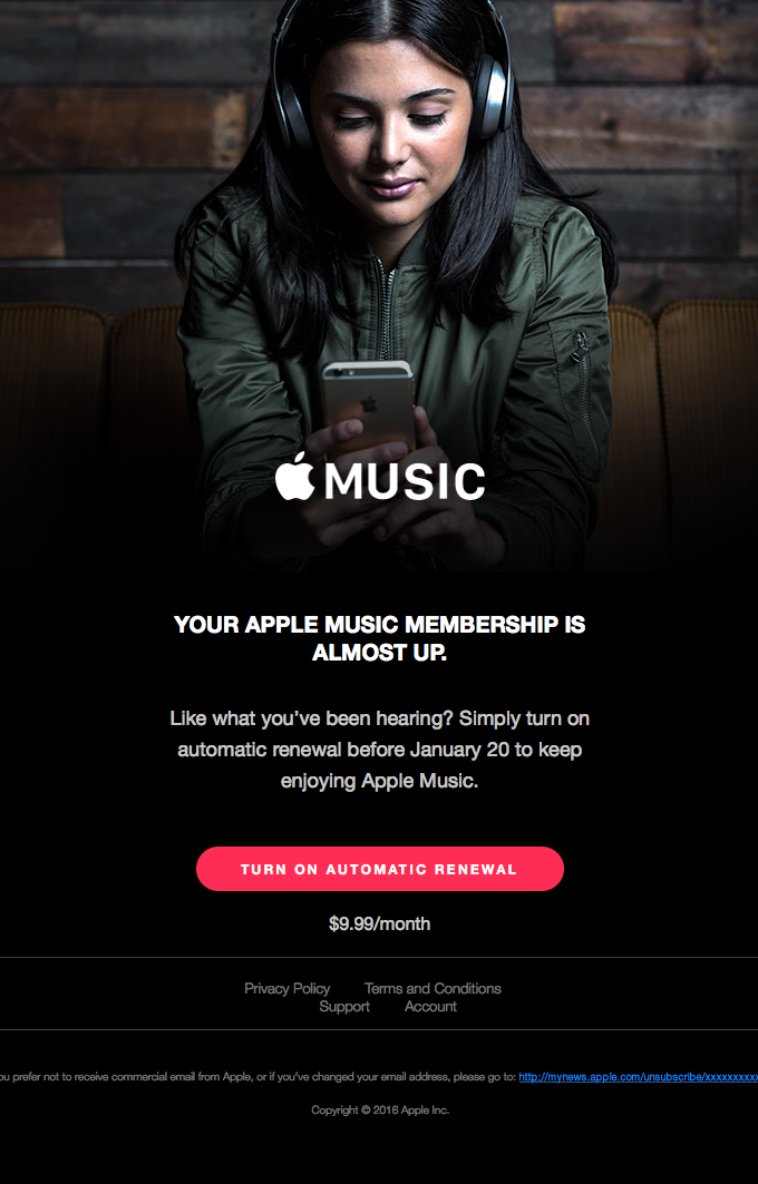 Apple Music renewal reminder email