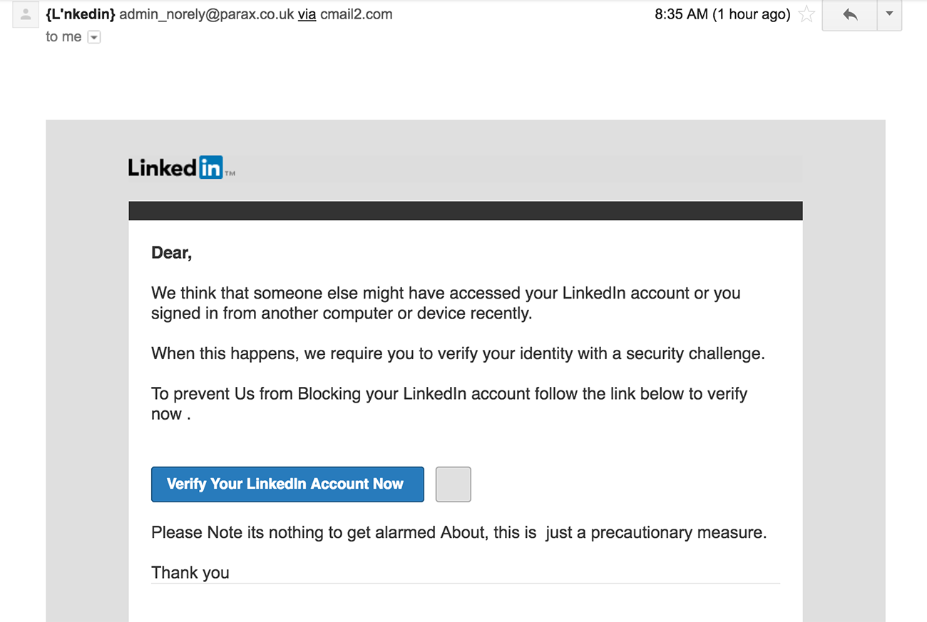 LinkedIn phishing email