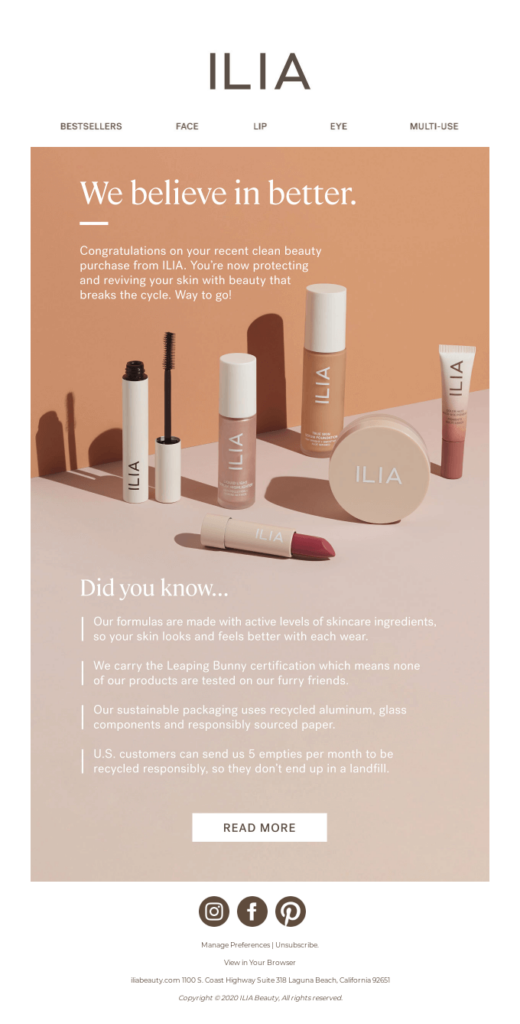 Ilia order confirmation email