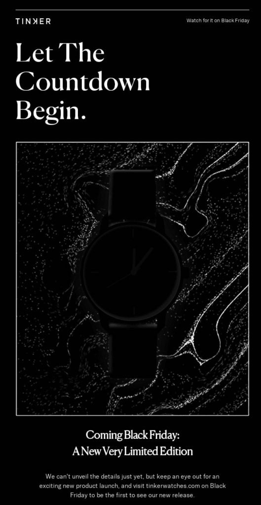 Black Friday email example from Tinker. Black background white text