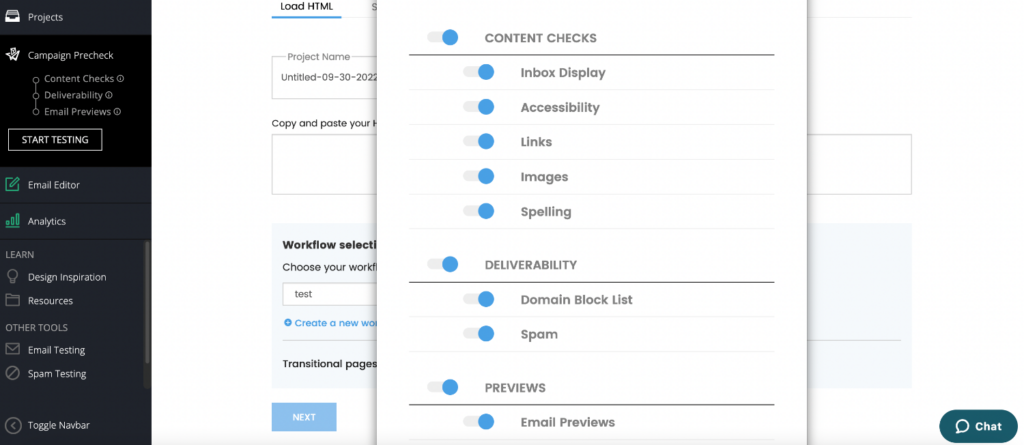 Email on Acid platform screenshot of campaign precheck selections