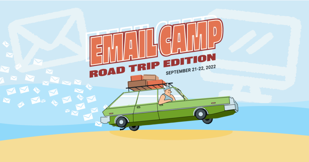 Email camp logo with character driving on a road trip